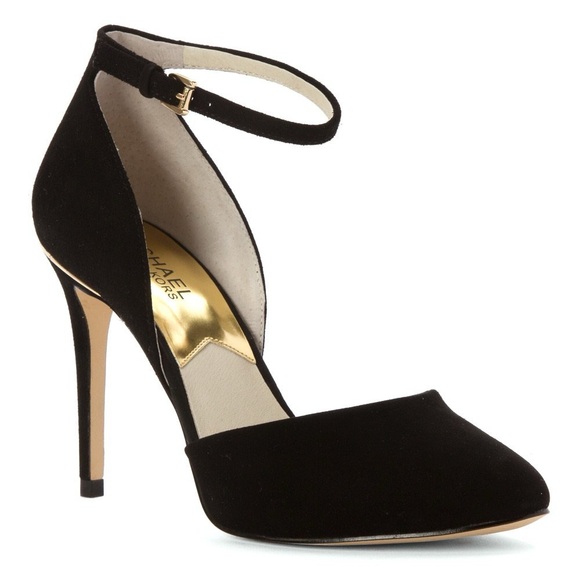 Michael Kors Georgia Black Suede Ankle Strap High Heels Gold Accent Size 6.5 - Picture 1 of 10
